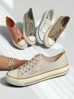 Aurelia Beige - damskie tenisówki tkaninowe na płaskiej podeszwie 3 cm Trampki