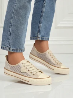Aurelia Beige - damskie tenisówki tkaninowe na płaskiej podeszwie 3 cm Trampki