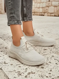 Aurelia Beige – Beżowe tenisówki damskie tkanina sznurowane Damskie Ugc|Sportowe