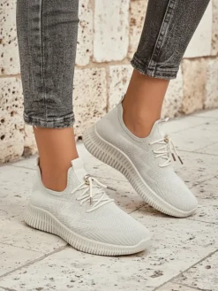 Aurelia Beige – Beżowe tenisówki damskie tkanina sznurowane Damskie Ugc|Sportowe