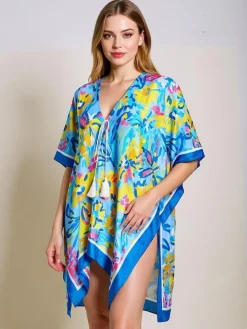 Sale Aurelia Blue Pareo – Letnie pareo damskie do kolan z dekoltem V Narzutka Plażowa|Bluzki / Koszule / Koszulki