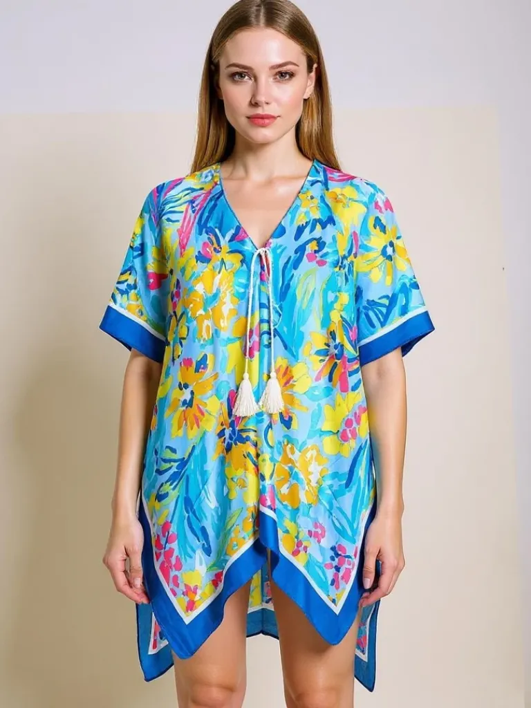 Sale Aurelia Blue Pareo – Letnie pareo damskie do kolan z dekoltem V Narzutka Plażowa|Bluzki / Koszule / Koszulki