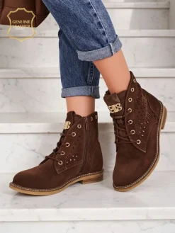 Hot Aurelia Brązowe Botki Zamszowe z Futerkiem Ażurowe Eleganckie 2,5cm Botki Bez Ocieplenia|Botki Sznurowane