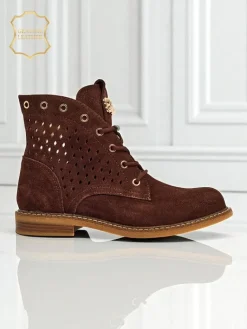 Hot Aurelia Brązowe Botki Zamszowe z Futerkiem Ażurowe Eleganckie 2,5cm Botki Bez Ocieplenia|Botki Sznurowane