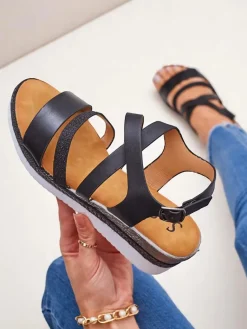 New Aurelia Nero – Czarne sandały damskie na koturnie skóra eco Sandały Na Koturnie