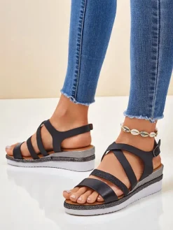 New Aurelia Nero – Czarne sandały damskie na koturnie skóra eco Sandały Na Koturnie