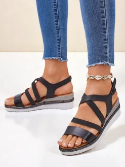 New Aurelia Nero – Czarne sandały damskie na koturnie skóra eco Sandały Na Koturnie