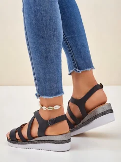 New Aurelia Nero – Czarne sandały damskie na koturnie skóra eco Sandały Na Koturnie