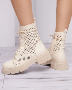 Hot Ażurowe beżowe damskie botki na płaskim obcasie Rolika - Obuwie Botki Bez Ocieplenia|Botki Sznurowane