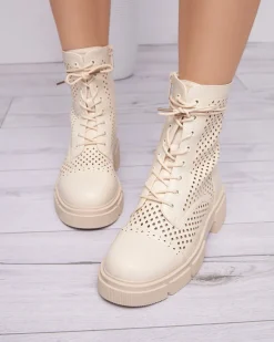 Hot Ażurowe beżowe damskie botki na płaskim obcasie Rolika - Obuwie Botki Bez Ocieplenia|Botki Sznurowane