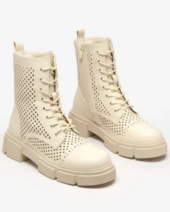 Hot Ażurowe beżowe damskie botki na płaskim obcasie Rolika - Obuwie Botki Bez Ocieplenia|Botki Sznurowane
