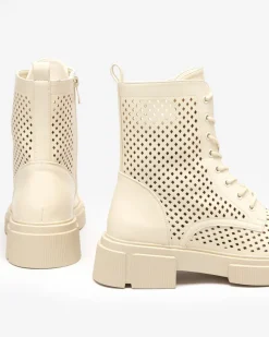 Hot Ażurowe beżowe damskie botki na płaskim obcasie Rolika - Obuwie Botki Bez Ocieplenia|Botki Sznurowane