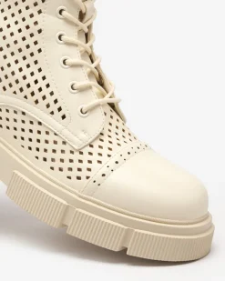 Hot Ażurowe beżowe damskie botki na płaskim obcasie Rolika - Obuwie Botki Bez Ocieplenia|Botki Sznurowane