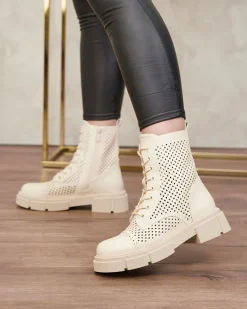 Hot Ażurowe beżowe damskie botki na płaskim obcasie Rolika - Obuwie Botki Bez Ocieplenia|Botki Sznurowane