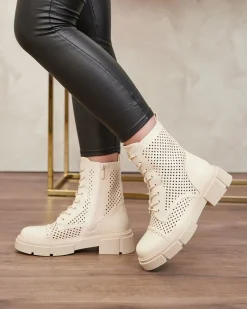 Hot Ażurowe beżowe damskie botki na płaskim obcasie Rolika - Obuwie Botki Bez Ocieplenia|Botki Sznurowane