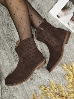 Clearance Ażurowe botki eko zamszowe z naturalną wkładką Nolani Botki Bez Ocieplenia|Botki Na Płaskim Obcasie
