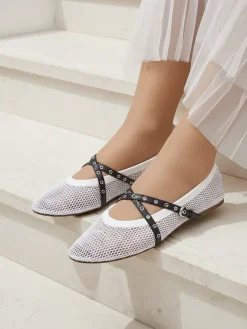 Best Baleriny Calista Bianca – siateczkowe białe buty damskie z czarnymi paskami Baleriny Klasyczne