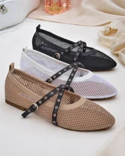 Best Baleriny Calista Bianca – siateczkowe białe buty damskie z czarnymi paskami Baleriny Klasyczne