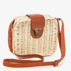 Outlet Beżowa słomiana torebka typu kuferek - Torebki Damskie Wiklinowe I Słomiane