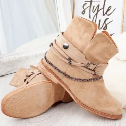 Online Beżowe botki a'la kowbojki na krytym koturnie Salem - Obuwie Botki Z Delikatnym Ociepleniem|Kowbojki
