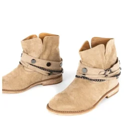 Online Beżowe botki a'la kowbojki na krytym koturnie Salem - Obuwie Botki Z Delikatnym Ociepleniem|Kowbojki