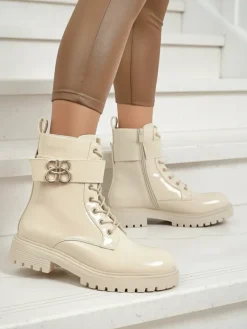 Outlet Beżowe botki Ariadne z ekologicznej skóry lakierowanej na zamek, okrągły nosek, stylowe Botki Z Delikatnym Ociepleniem|Botki Na Płaskim Obcasie