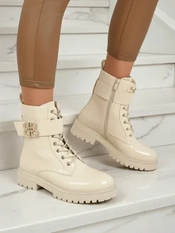 Outlet Beżowe botki Ariadne z ekologicznej skóry lakierowanej na zamek, okrągły nosek, stylowe Botki Z Delikatnym Ociepleniem|Botki Na Płaskim Obcasie