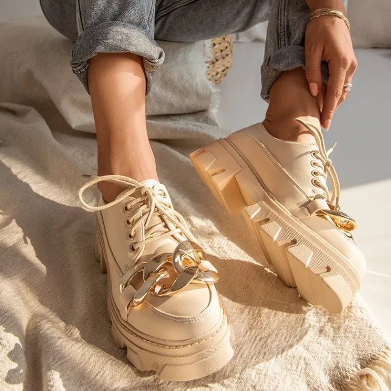 Beżowe półbuty na płaskim obcasie Eqoia - Obuwie Półbuty