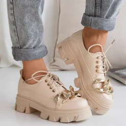 Beżowe półbuty na płaskim obcasie Eqoia - Obuwie Półbuty