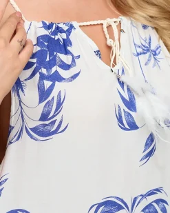 Sale Biała damska letnia sukienka z motywem roślinnym- Odzież Sukienki Letnie|Sukienki Krótkie