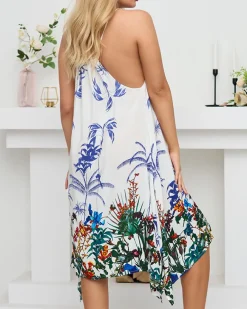 Sale Biała damska letnia sukienka z motywem roślinnym- Odzież Sukienki Letnie|Sukienki Krótkie