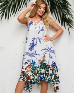 Sale Biała damska letnia sukienka z motywem roślinnym- Odzież Sukienki Letnie|Sukienki Krótkie
