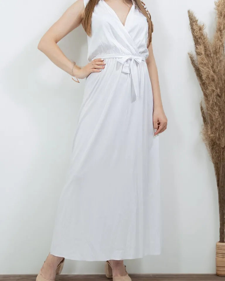 Clearance Biała damska maxi sukienka - Odzież Sukienki Letnie|Sukienki Długie