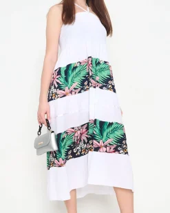 Clearance Biała damska sukienka midi w kwiaty PLUS SIZE - Odzież Sukienki Letnie|Sukienki Długie