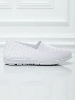 Białe damskie baleriny Ariadne z tkaniny oddychającej na płaskiej podeszwie Półbuty