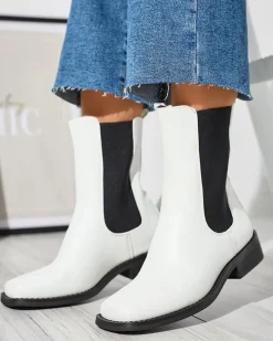 Białe wysokie botki damskie z kwadratowym noskiem Ludiz- Obuwie Botki Z Delikatnym Ociepleniem|Botki Na Płaskim Obcasie