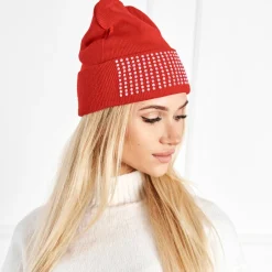 Clearance Bordowa damska czapka z perełkami - Akcesoria Damskie Czapki I Kapelusze