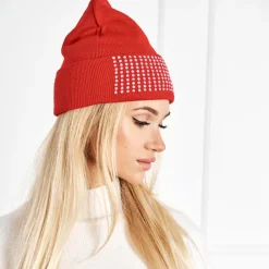 Clearance Bordowa damska czapka z perełkami - Akcesoria Damskie Czapki I Kapelusze