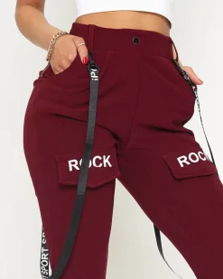 Best Bordowe damskie materiałowe spodnie typu bojówki z szelkami - Odzież Spodnie Cargo|Spodnie Dresowe