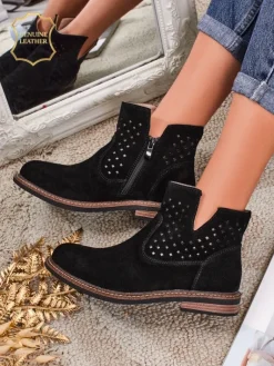 Online Botki Aurelia Nero zamszowe ażurowe botki damskie płaski obcas 3cm Botki Bez Ocieplenia|Botki Na Płaskim Obcasie