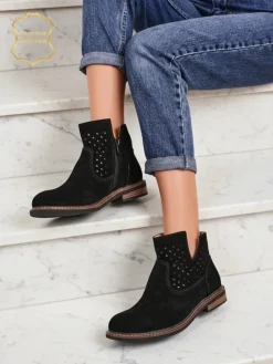 Online Botki Aurelia Nero zamszowe ażurowe botki damskie płaski obcas 3cm Botki Bez Ocieplenia|Botki Na Płaskim Obcasie