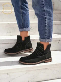 Online Botki Aurelia Nero zamszowe ażurowe botki damskie płaski obcas 3cm Botki Bez Ocieplenia|Botki Na Płaskim Obcasie