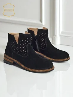 Online Botki Aurelia Nero zamszowe ażurowe botki damskie płaski obcas 3cm Botki Bez Ocieplenia|Botki Na Płaskim Obcasie