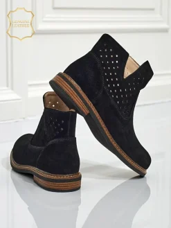 Online Botki Aurelia Nero zamszowe ażurowe botki damskie płaski obcas 3cm Botki Bez Ocieplenia|Botki Na Płaskim Obcasie