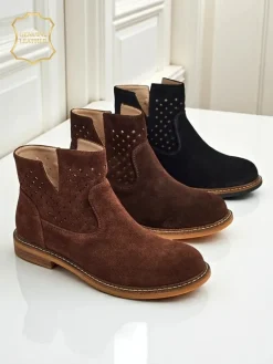 Online Botki Aurelia Nero zamszowe ażurowe botki damskie płaski obcas 3cm Botki Bez Ocieplenia|Botki Na Płaskim Obcasie