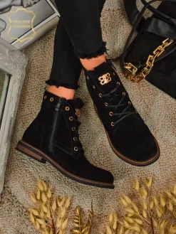 Hot Botki damskie Aurelia Romano z naturalnego zamszu – brązowe, z futerkiem Botki Bez Ocieplenia|Botki Sznurowane