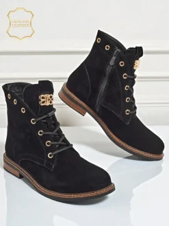 Hot Botki damskie Aurelia Romano z naturalnego zamszu – brązowe, z futerkiem Botki Bez Ocieplenia|Botki Sznurowane