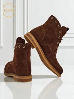 Botki damskie Aurelia Romano z naturalnego zamszu – brązowe, z futerkiem Botki Bez Ocieplenia|Botki Sznurowane