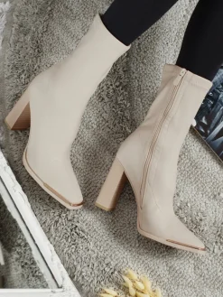 Sale Botki damskie eko skórzane na słupku Morvella Botki Bez Ocieplenia|Botki Na Słupku