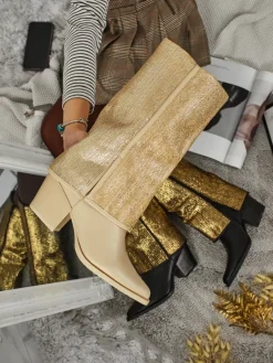 New Botki damskie eko skórzane na słupku z ozdobną cholewką Virelia Botki Z Delikatnym Ociepleniem|Botki Na Słupku